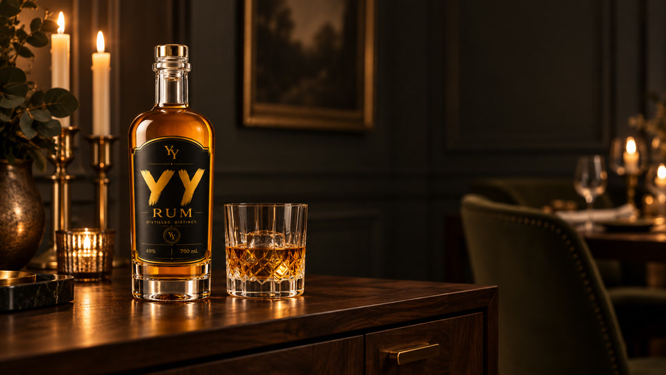 YY Rum bottle and a rocks glass in a candlelit private dining room