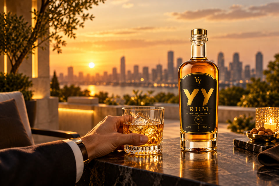 YY Rum bottle and a crystal glass in the warm light of an evening terrace